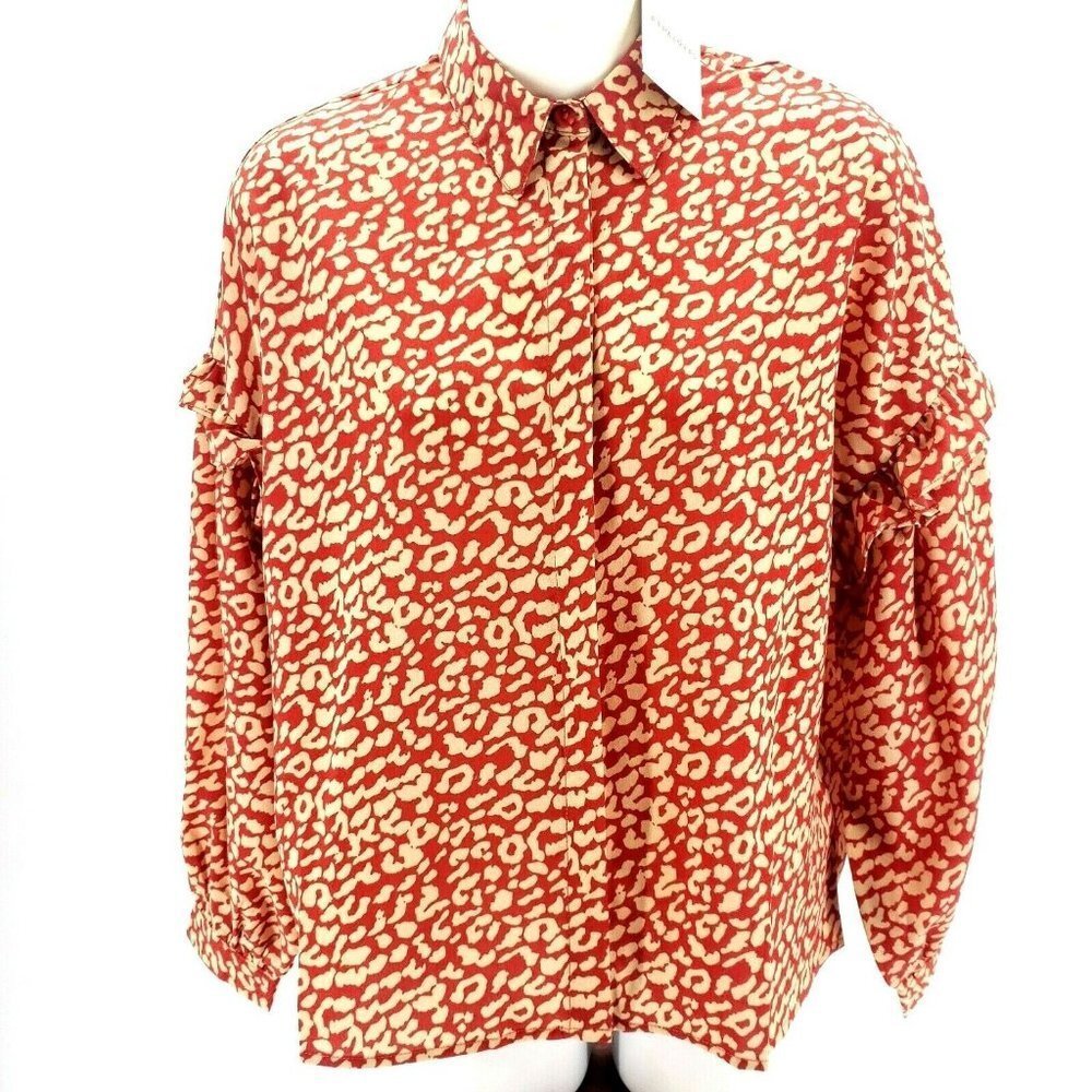 PEPALOVES Red Cream Off White Ruffled Sleeve Blouse Collard Button Down Shirt